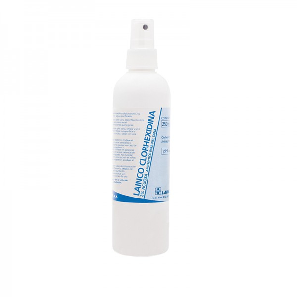 Chlorhexidine 2% aqueous in 250 ml spray: Disinfectant prior to surgery, punctures and injections